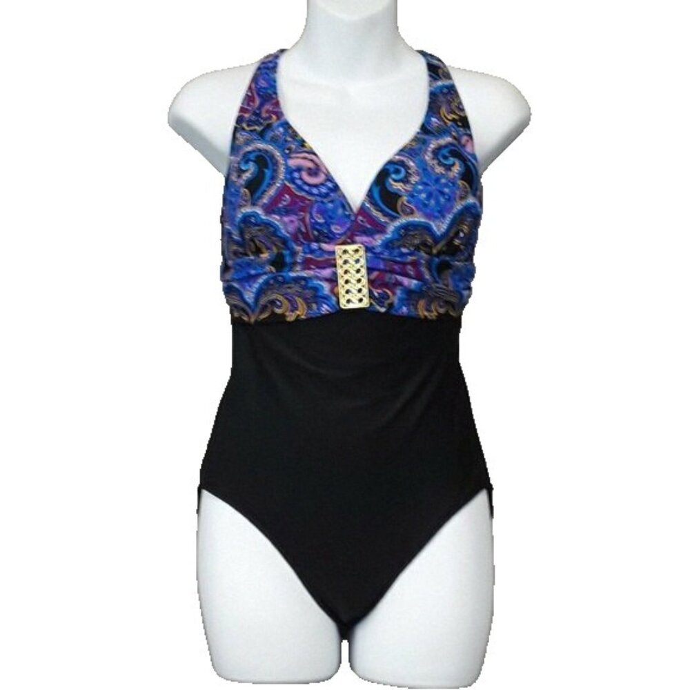 VTG Catalina One Piece Swimsuit Womens Small Blue Black Paisley Criss Cross Back